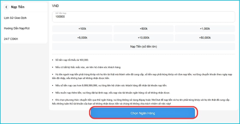 nạp tiền 6686 Chọn hình thức nạp qua ngân hàng và điền số tiền